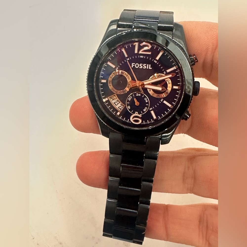 Fossil Perfect Boyfriend Blue Stainless Steel Chronograph Watch w/Rose Gold - Picture 6 of 8